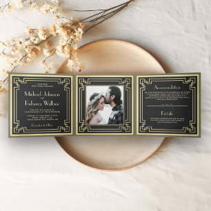 Vintage Retro Art Deco Foto Hochzeit Dreifach Gefaltete Einladung