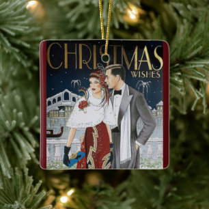 Vintage Retro Art Deco Weihnachts-Paar Keramikornament