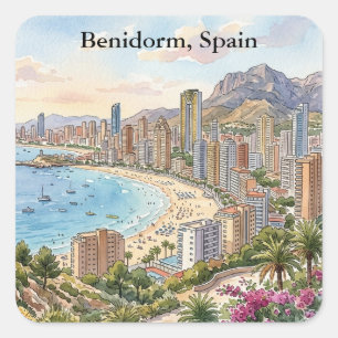 Vintage Retro Benidorm Spanien Costa Blanca Urlaub Quadratischer Aufkleber