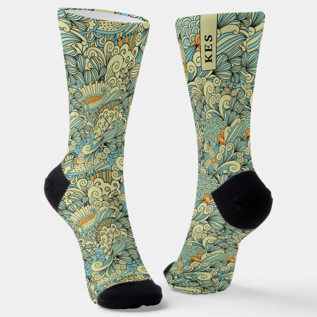 Vintage Retro Botanical Floral Pattern Monogram Socken (Gewinkelt)