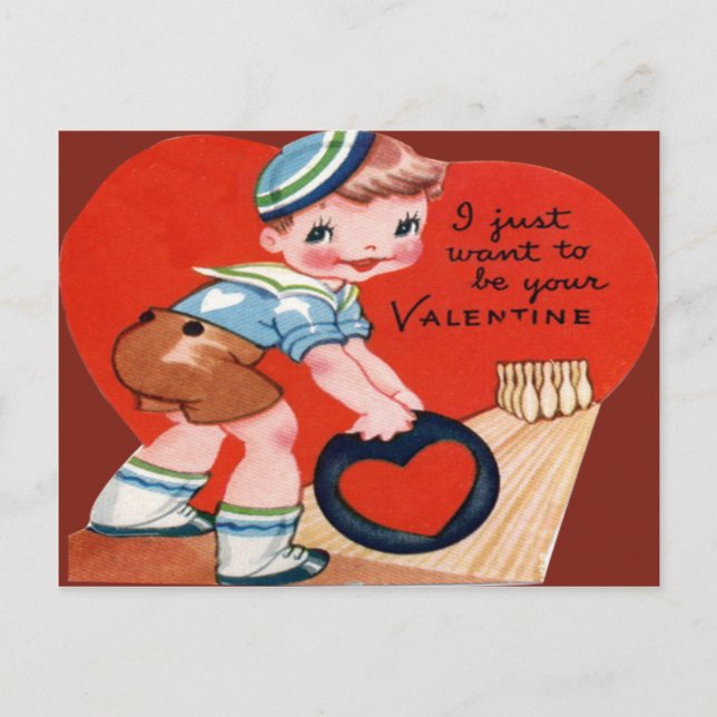 Vintage Retro Bowlingvalentine-Karte Feiertagspostkarte (Vorderseite)