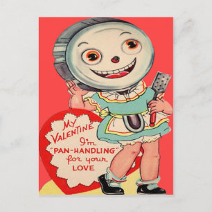 Vintage Retro Bratpfannen Valentinskarte Feiertagspostkarte