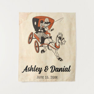 Vintage Retro Bride & Groom Carriage Comic Wedding Wandteppich