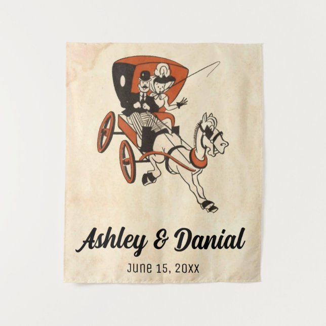 Vintage Retro Bride & Groom Carriage Comic Wedding Wandteppich (Vorderseite)