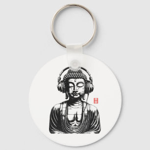 Vintage Retro Buddha mit Kopfhörern Schlüsselanhänger