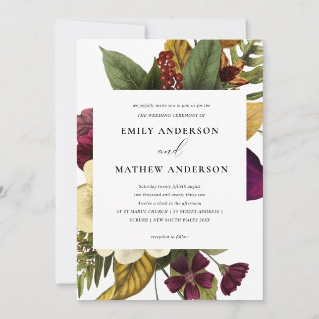 VINTAGE RETRO BURGUNDY GELBE BLUMENBUNKTWANDWAND EINLADUNG (Vorderseite)