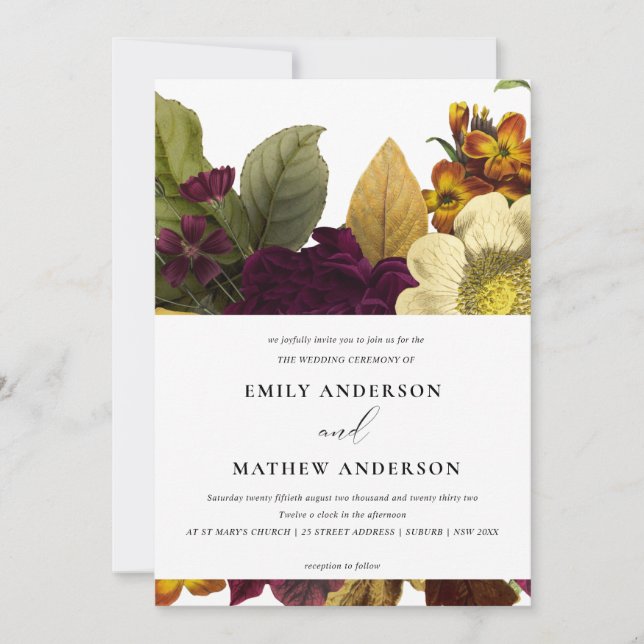 VINTAGE RETRO BURGUNDY GELBE BLUMENBUNKTWANDWAND EINLADUNG (Vorderseite)