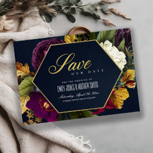 VINTAGE RETRO BURGUNDY OCHRE MAROON FLORAL SAVE THE DATE