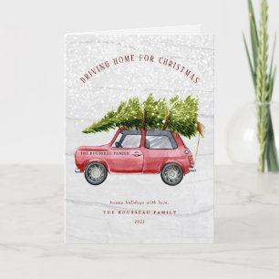 Vintage Retro Car Tree Snow Holiday Card Feiertagskarte