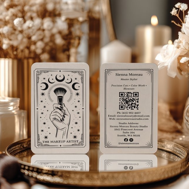 Vintage Retro Celestial Tarot Makeup QR Code Visitenkarte (Vintage Retro Celestial Tarot Makeup QR Code Business Card)