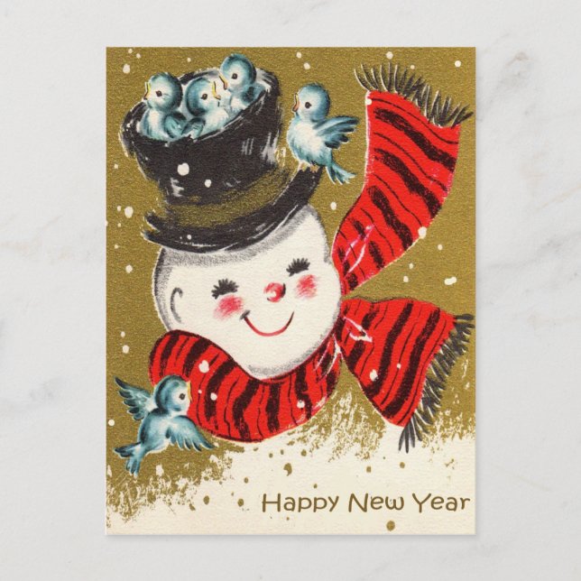 Vintage Retro Christmas Snowman Winter Scene Holid Postkarte (Vorderseite)