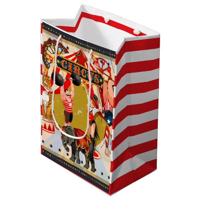 Vintage Retro Circus Geburtstagspartei Gönnen Leck Mittlere Geschenktüte (Vorderseite Schrägansicht)