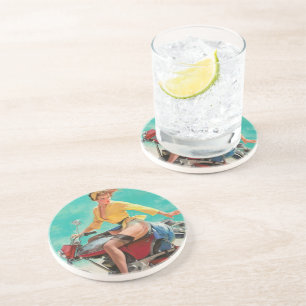 Vintage Retro Elvgren Motorrad-Biker Button-UP Gir Getränkeuntersetzer