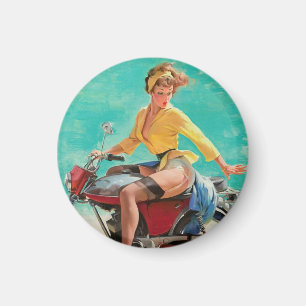 Vintage Retro Elvgren Motorrad-Biker Button-UP Gir Magnet