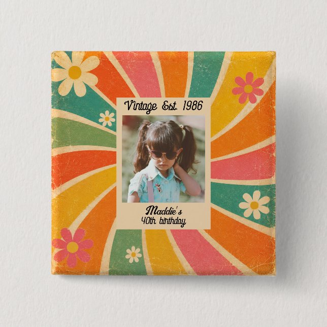 Vintage Retro Farbige Foto Geburtstagsbutton Button (Vorderseite)