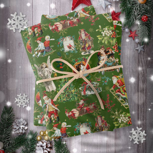 Vintage Retro Festives Grün Weihnachten Feste Geschenkpapier Set