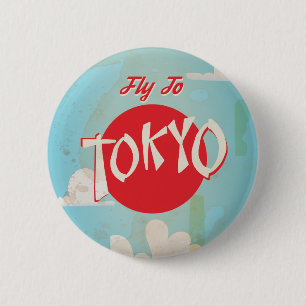Vintage Retro Fliegen Sie nach Tokio Reiseplakat Button