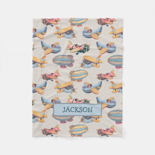 Vintage Retro Flugzeug Aviation Pattern Baby Boy Fleecedecke (Vorderseite)