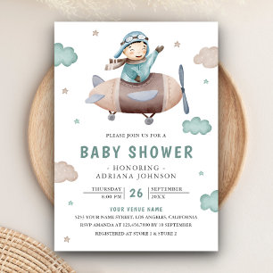 Vintage Retro Flugzeug Süßer Pilot Baby Shower Einladung