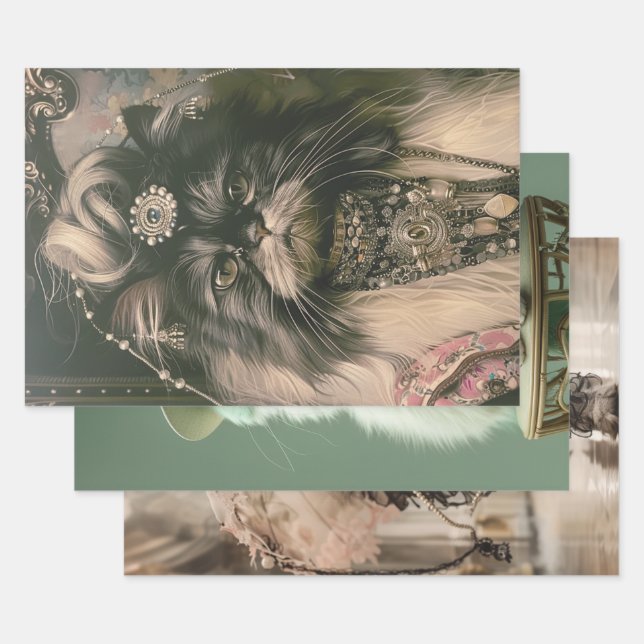 Vintage Retro Französische Katzen Dekoupage Geschenkpapier Set (Set)