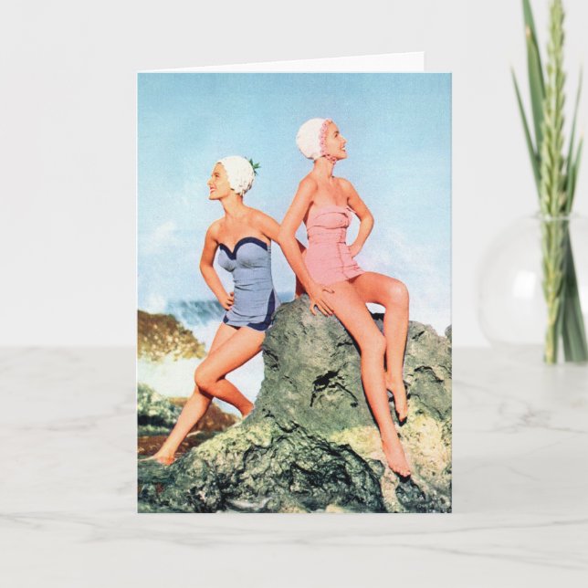 Vintage Retro Frauen-Badeanzüge und Swim-Kappen Karte (Vorderseite)