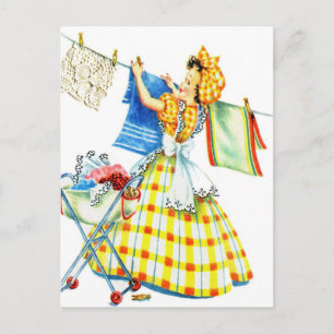 Vintage Retro Frauen Kitsch Waschtag Postkarte