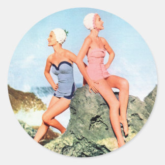 Vintage Retro Frauen Swimsuits und Swim Caps auch! Runder Aufkleber