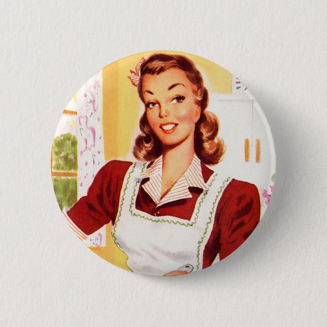 Vintage Retro Frauenkitsch-50er Küchen-Magie Button (Vorderseite)
