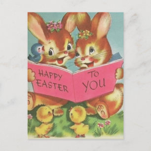 Vintage Retro Fröhliche Ostern Hasen und Küken Feiertagspostkarte