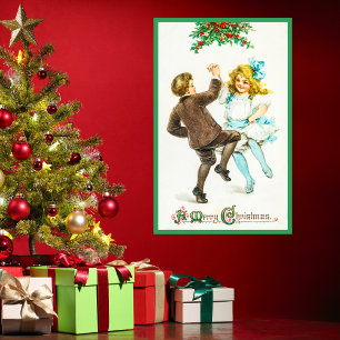 Vintage Retro Fröhliche Weihnachten Süßes Kind Grü Poster