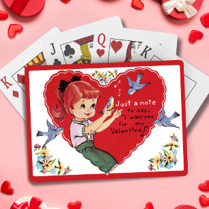 Vintage Retro Girl mit Bluebirds Valentinstag Spielkarten