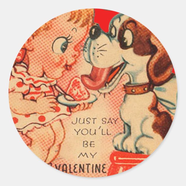 Vintage Retro Girl & Puppy Valentine Card Runder Aufkleber (Vorderseite)