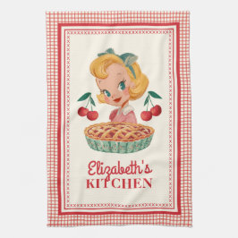 Vintage Retro Girl Red Cherry Gingham Geschirrtuch