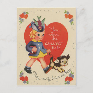 Vintage Retro Girl Walking Puppy Valentine Card Feiertagspostkarte