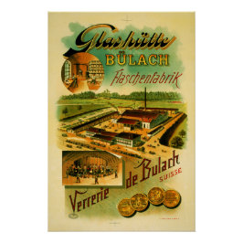Vintage Retro Glass Glashütte Bülach Factory Poster