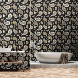 Vintage Retro Grau Gold Paisley-Muster Tapete