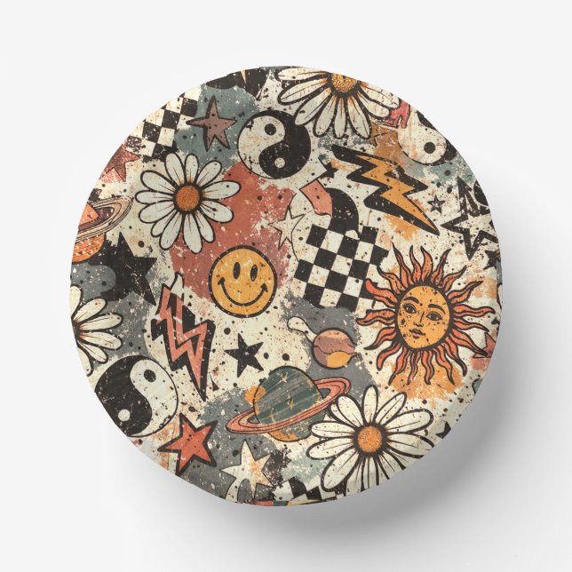 Vintage Retro Grunge: Celestial Sun, Daisy, Smiley Pappteller (Vorderseite)