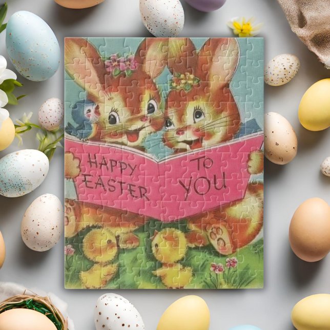 Vintage Retro Happy Oaster Bunnies und Chicks Puzzle (Vintage Retro Happy Easter Bunnies and Chicks Jigsaw Puzzle)