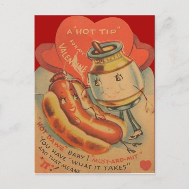 Vintage Retro Hotdog-Senfvalentine-Karte Feiertagspostkarte (Vorderseite)