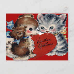 Vintage Retro-Hunde- und Katzen-Valentinskarte Feiertagspostkarte