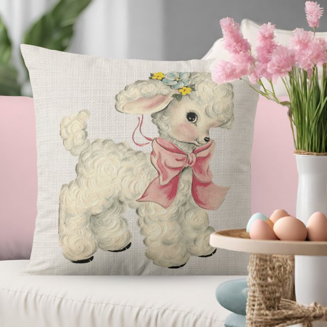 Vintage Retro-Imitate Bettwäsche mit Baby-Lamm Kissen (Vintage Retro Faux Linen with Baby Lamb Throw Pillow)