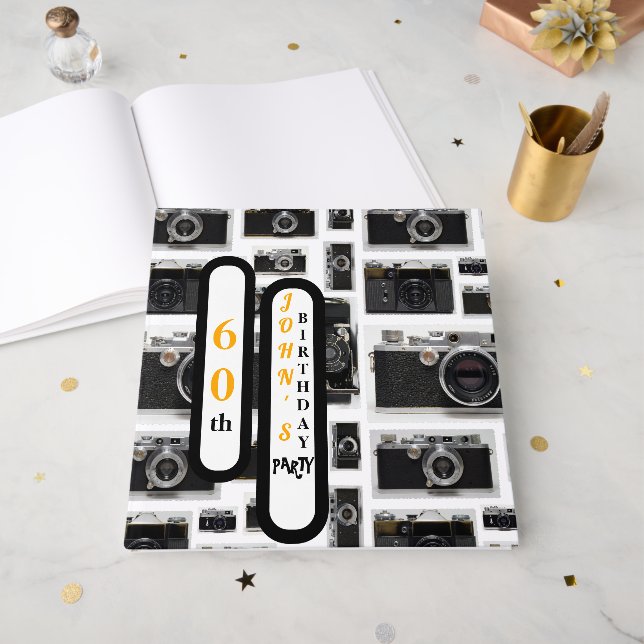 Vintage Retro Kameras 60. Geburtstagskarte Gästebuch (Vorderseite offen)