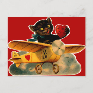 Vintage Retro Kätzchen im Flugzeug Valentinstag Feiertagspostkarte