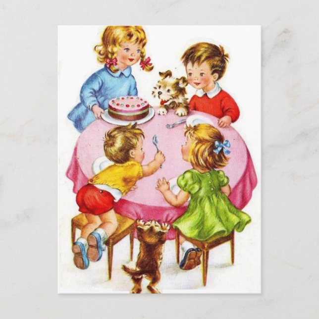 Vintage Retro-Kindergeburtsparty Hund Kitten Postkarte (Vorderseite)