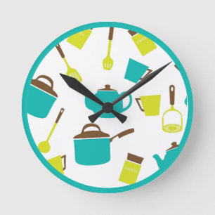 Vintage Retro Kitchen Utensils Teapot Pans Runde Wanduhr
