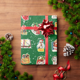 Vintage Retro Kitschy Weihnachtskleber auf Green Geschenkpapier