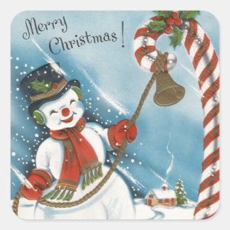Vintage Retro lächelnder Weihnachtsmann Schneemann Quadratischer Aufkleber