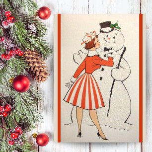 Vintage Retro-Mädchen mit Schneemann Weihnachtskar Feiertagskarte