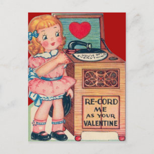 Vintage Retro Mädchen Plattenspieler Valentinskart Feiertagspostkarte