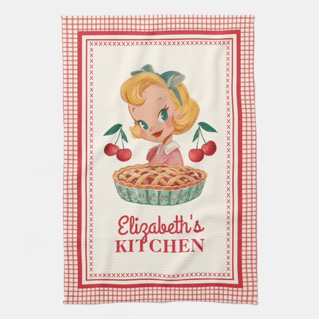 Vintage Retro Mädchen Rot Kariert Geschirrtuch (Vertikal)